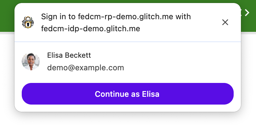 An example of the user interface for a successful FedCM login.