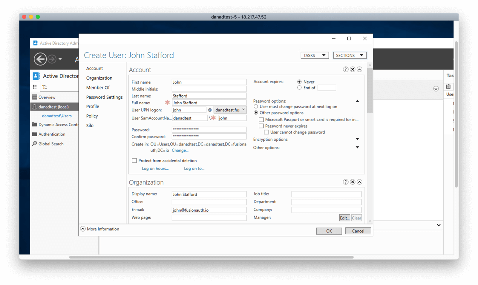 Adding a user in Active Directory.