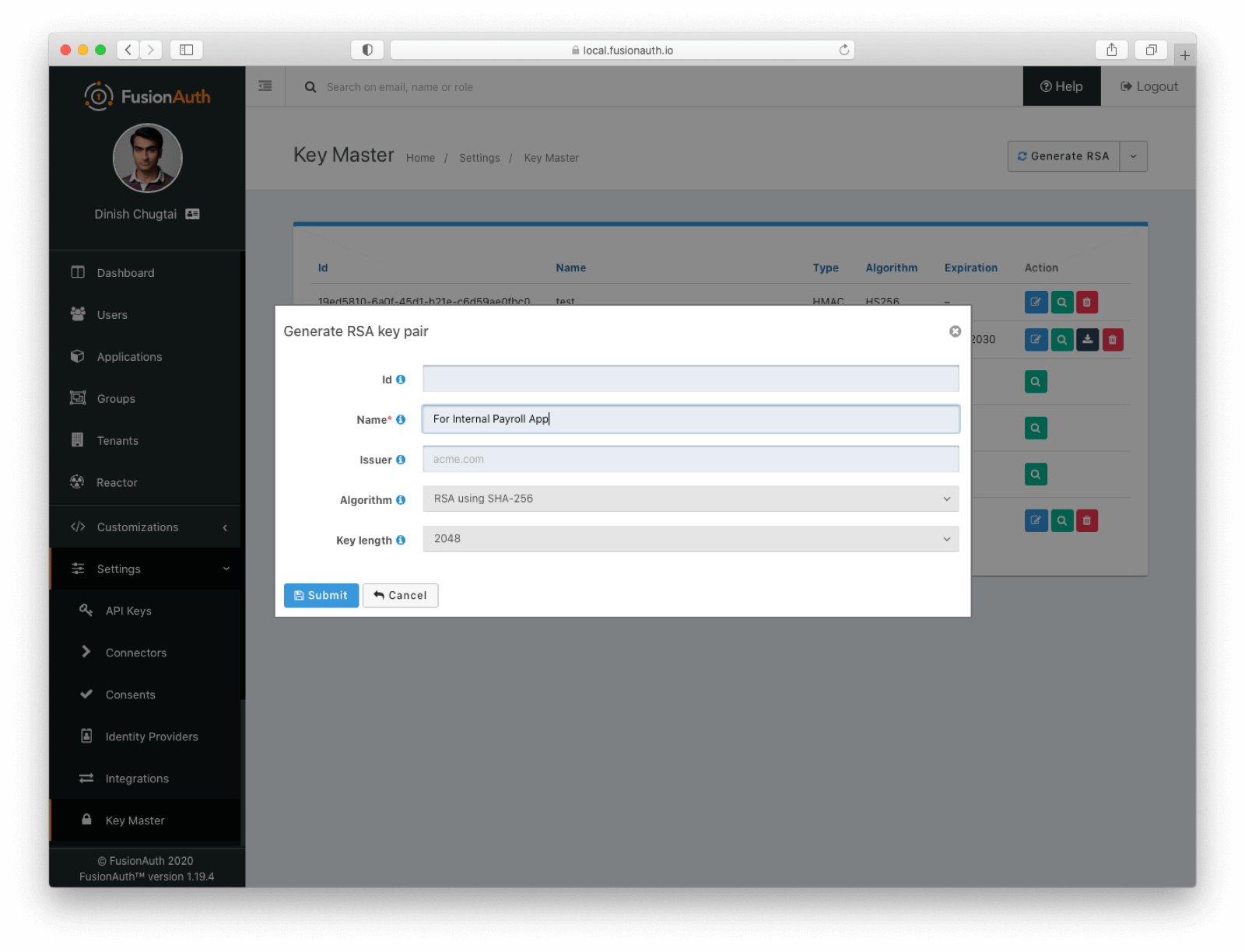 Adding an RSA key in Key Master.