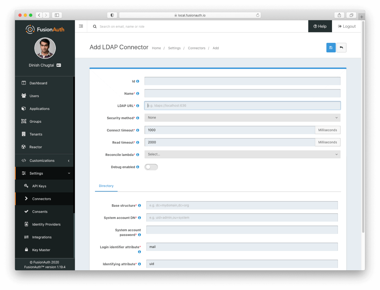The creation screen for an LDAP Connector.