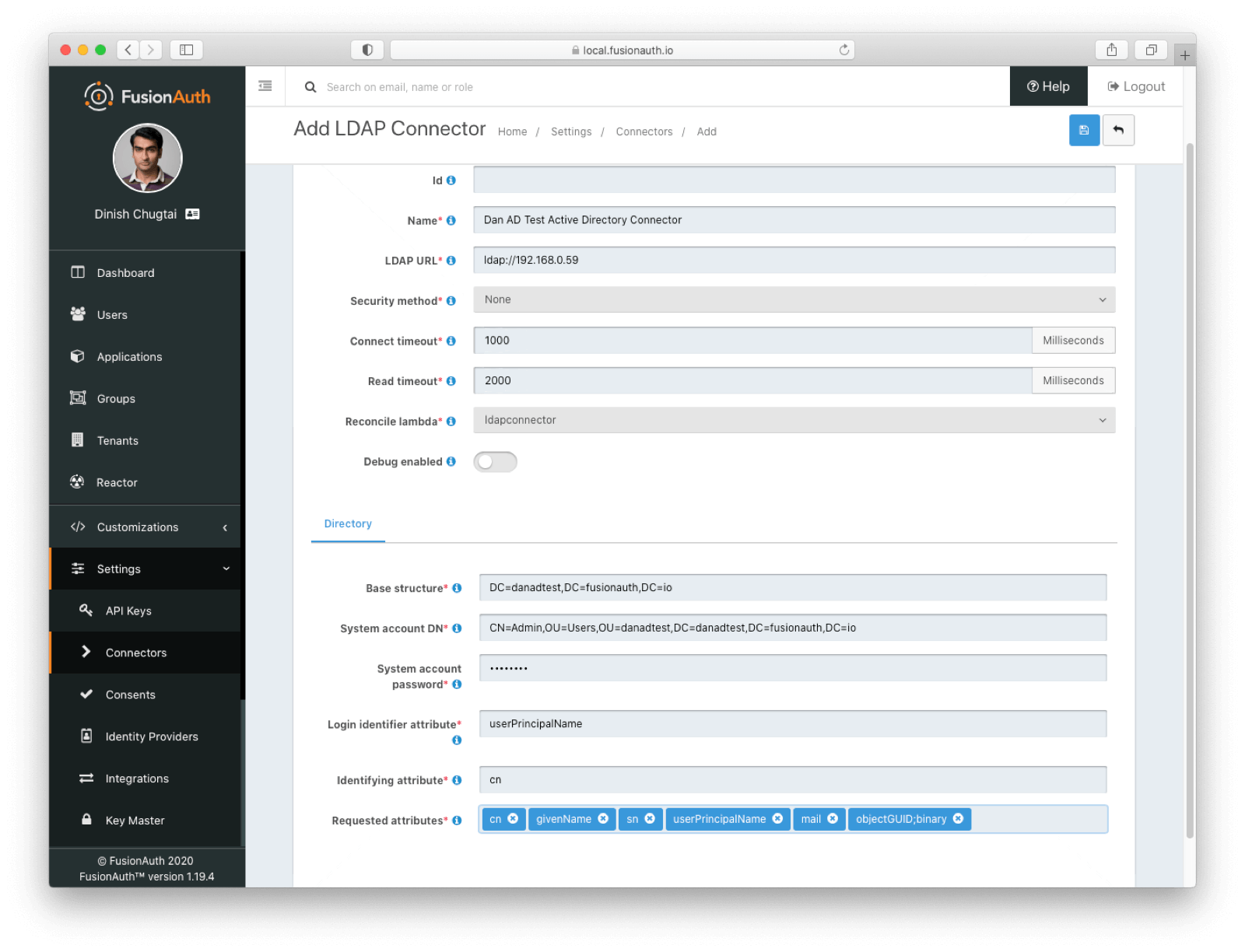 The completed creation screen for an Active Directory LDAP Connector.