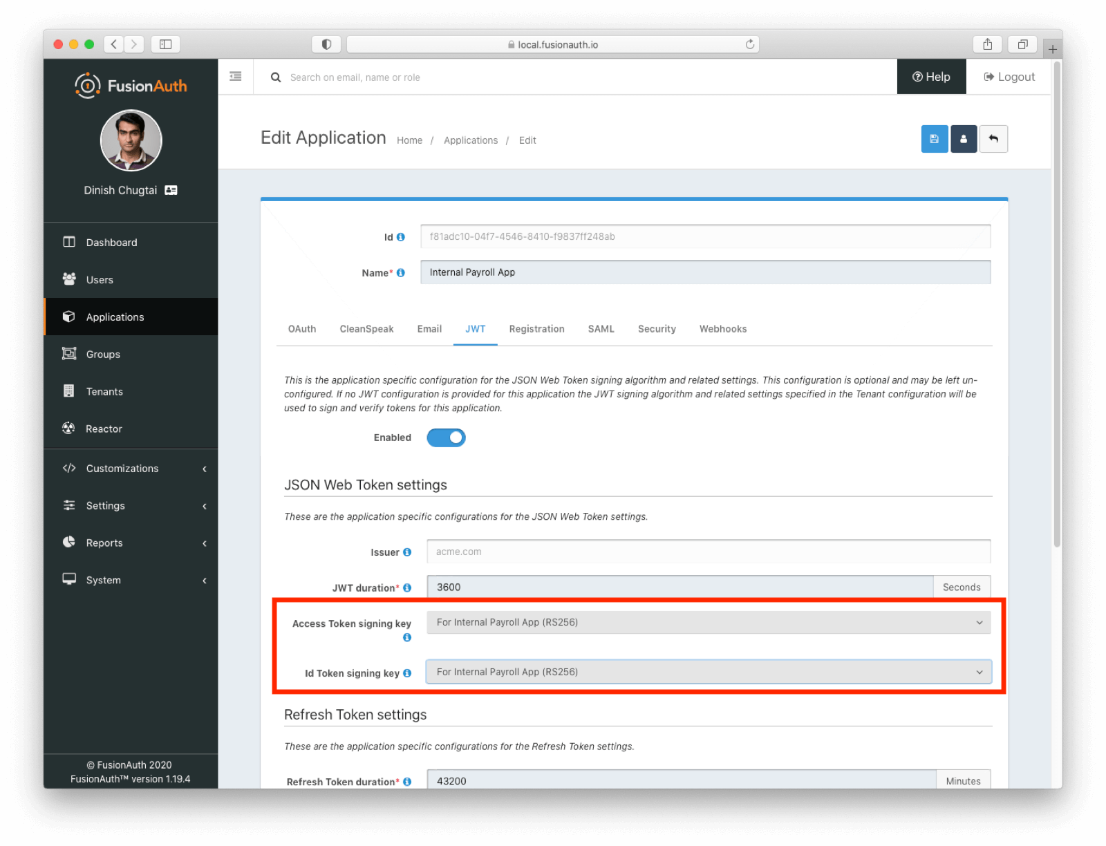 Configuring the application's JWT settings to sign with the generated RSA keypair.