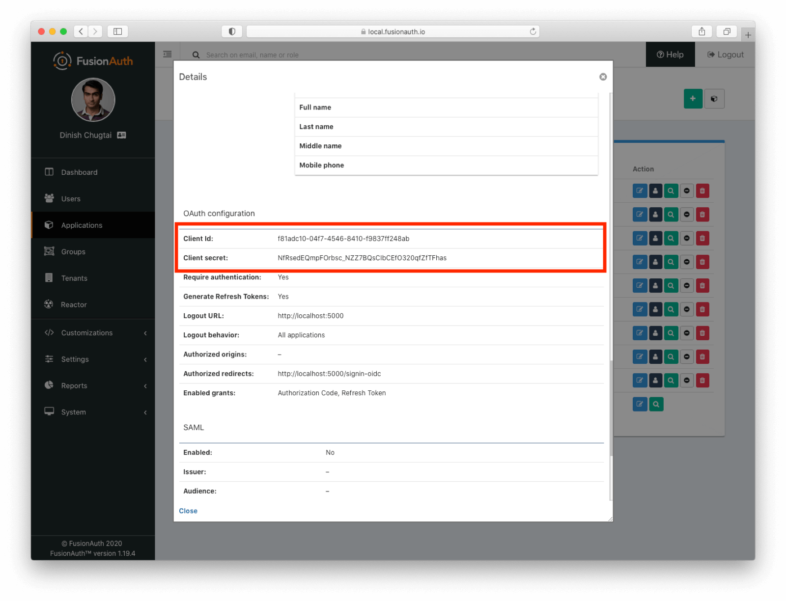 Viewing the application's OAuth settings to record the Client ID and Client Secret values.