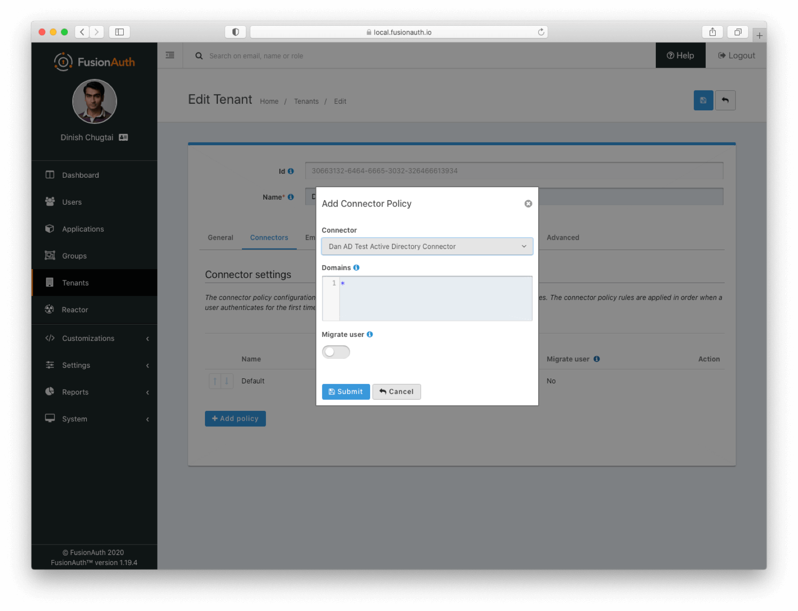 Setting up the policy for the Active Directory Connector.