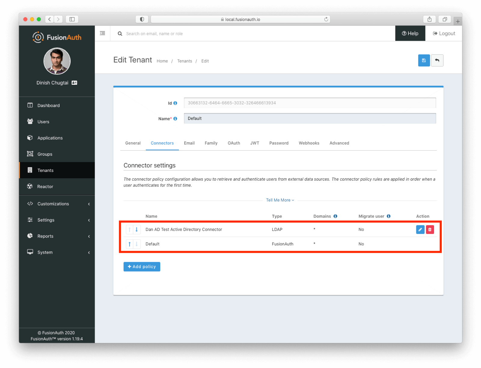 Setting up the policy order for the Active Directory Connector.