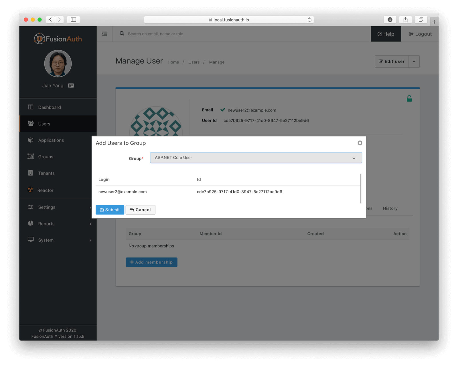 Adding our user to a group in a FusionAuth application..