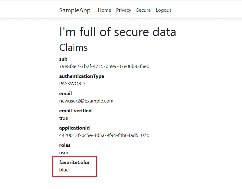 The secure page after a the lambda makes the favoriteColor claim available..