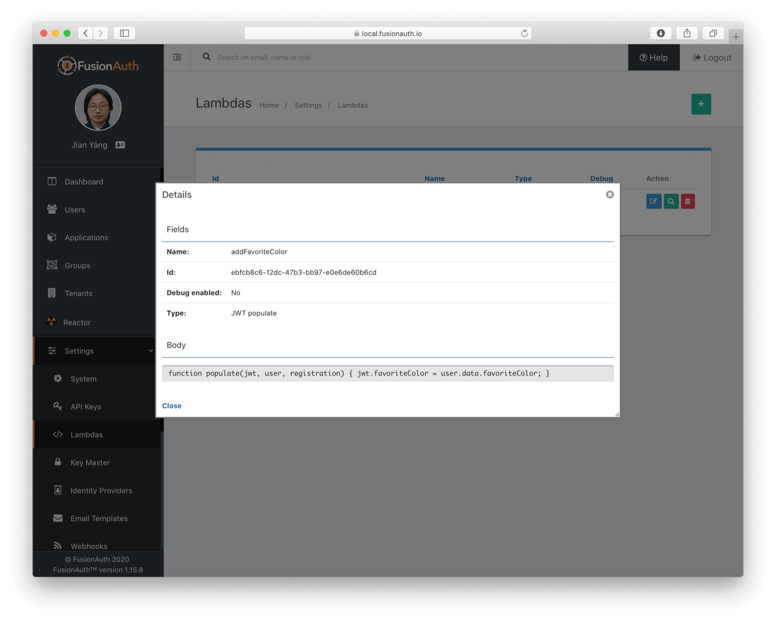 The Lambda created by the API call..