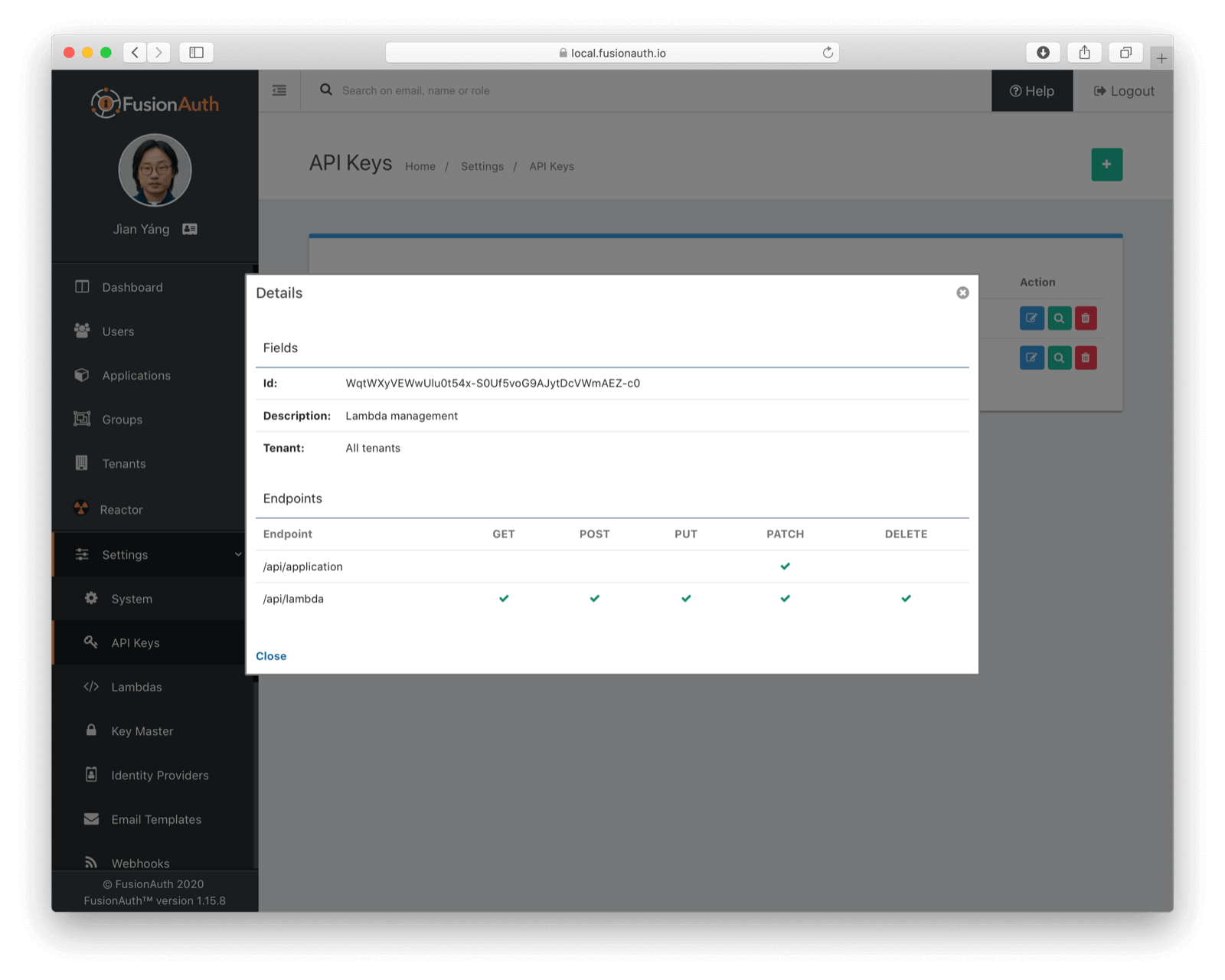 The API key with lambda and application permissions..