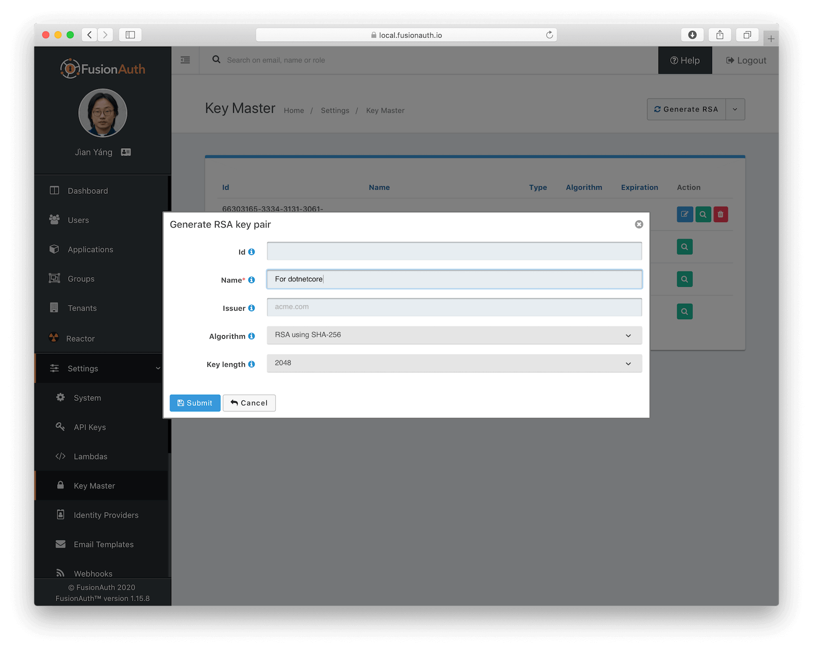 A new RSA keypair in FusionAuth..