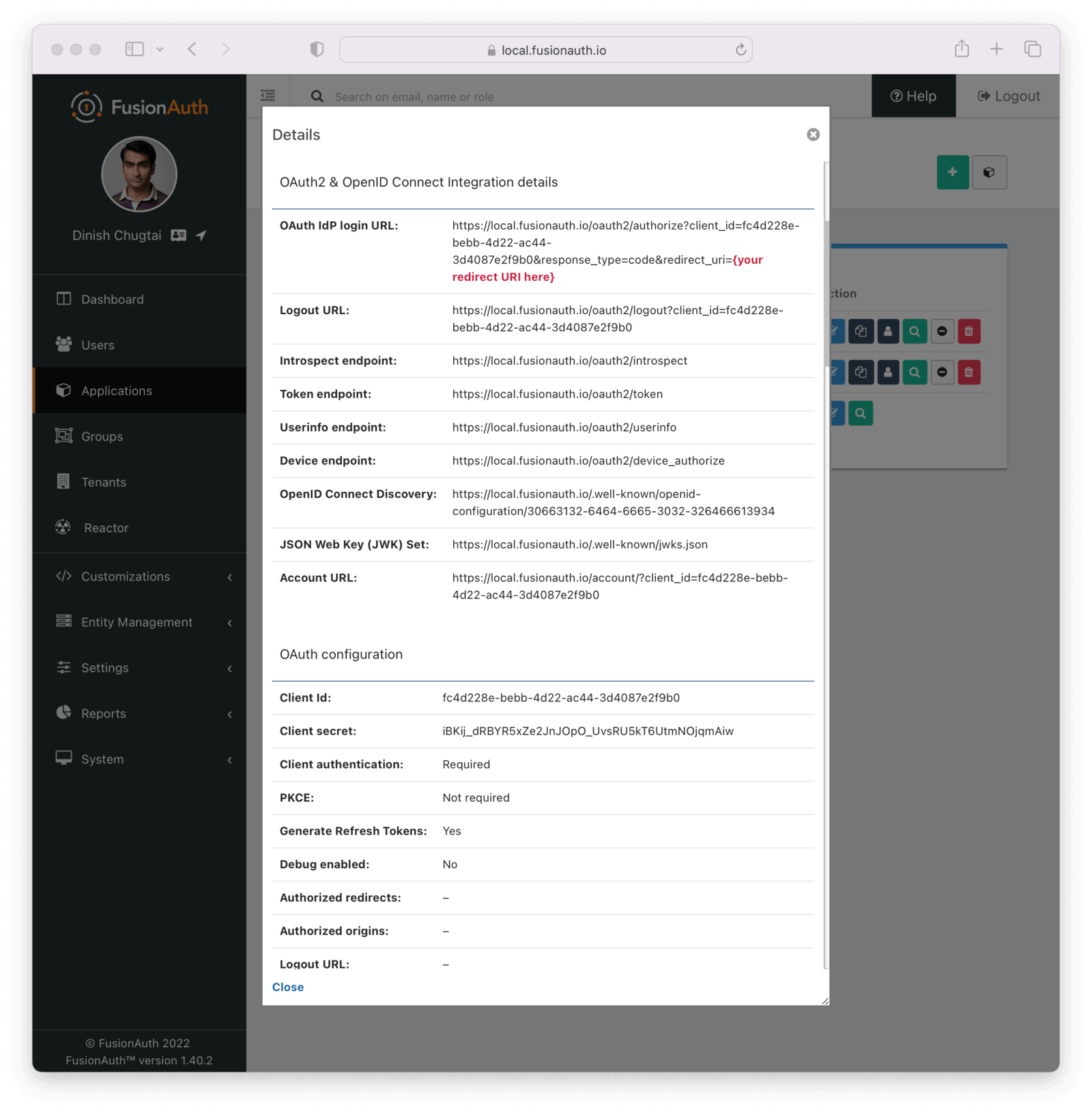 Screenshot of the aspnetcore application details view.