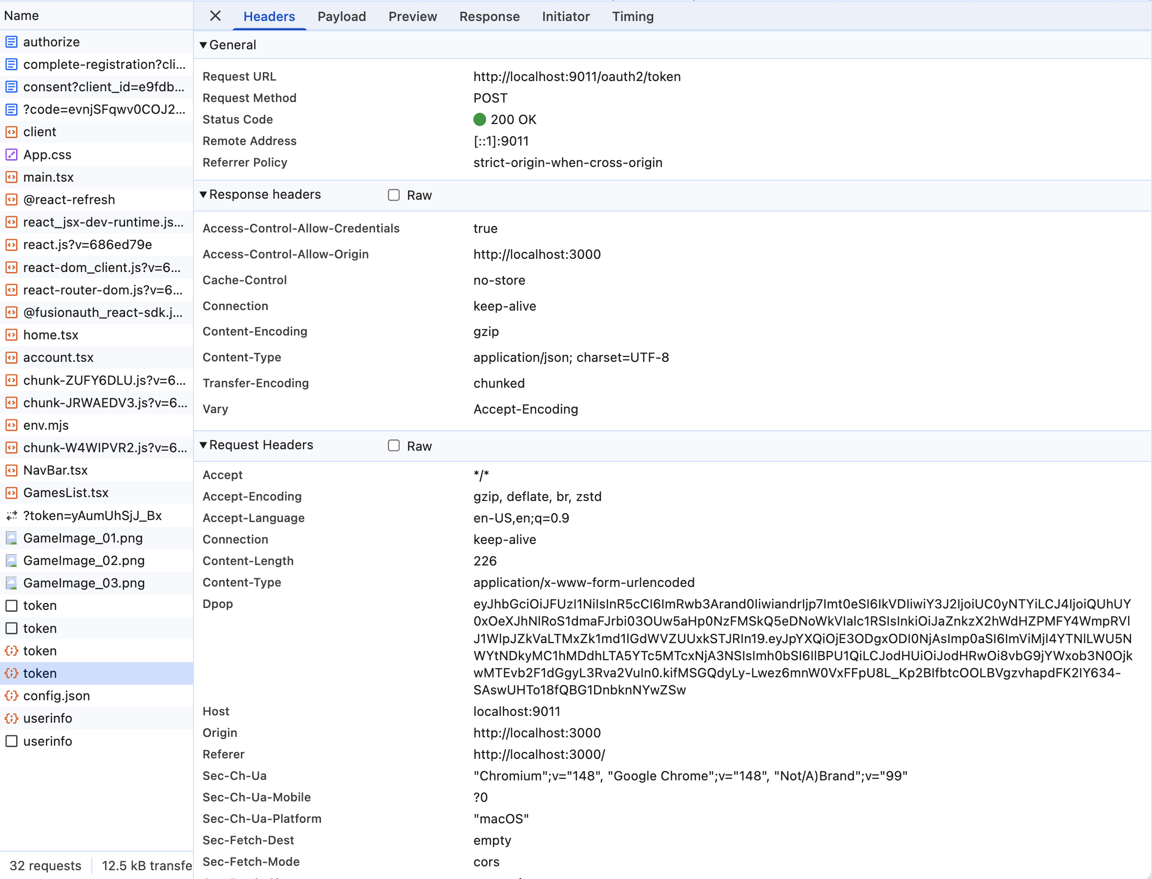 The developer tools inspecting the token request with a DPoP header