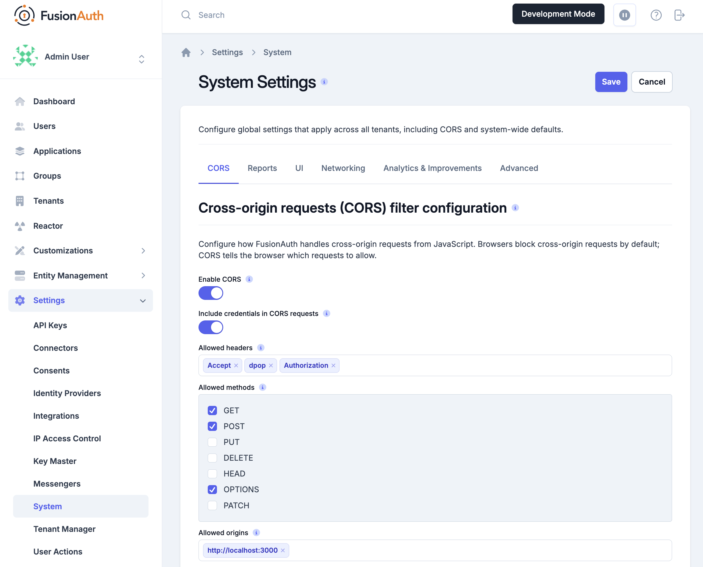 The CORS settings screen with the changes mentioned
