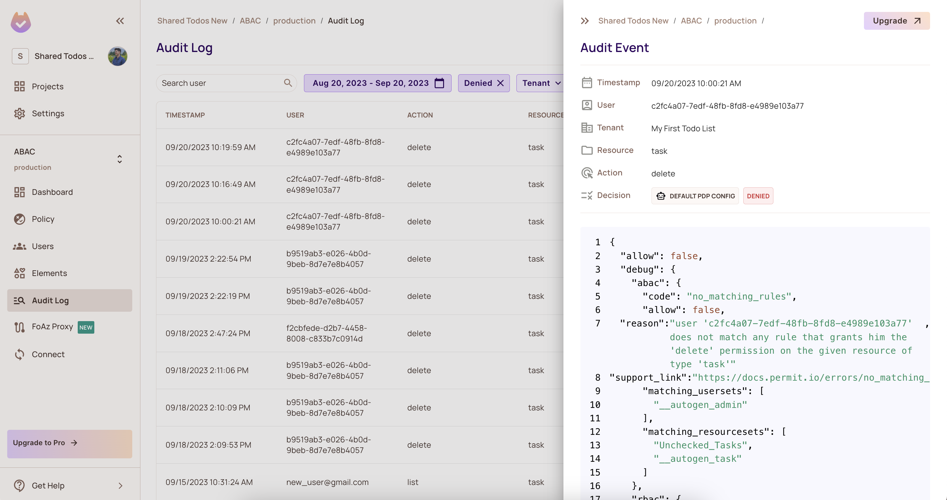 Audit log page screenshot, courtesy of Permit.io.
