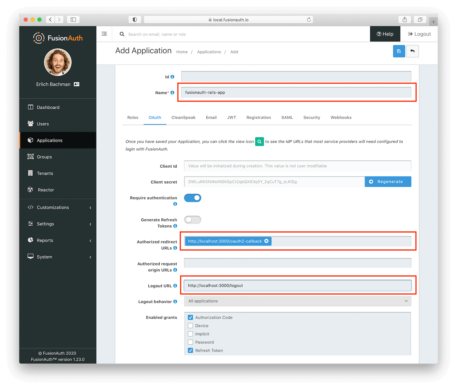 Creating a new Application in FusionAuth..
