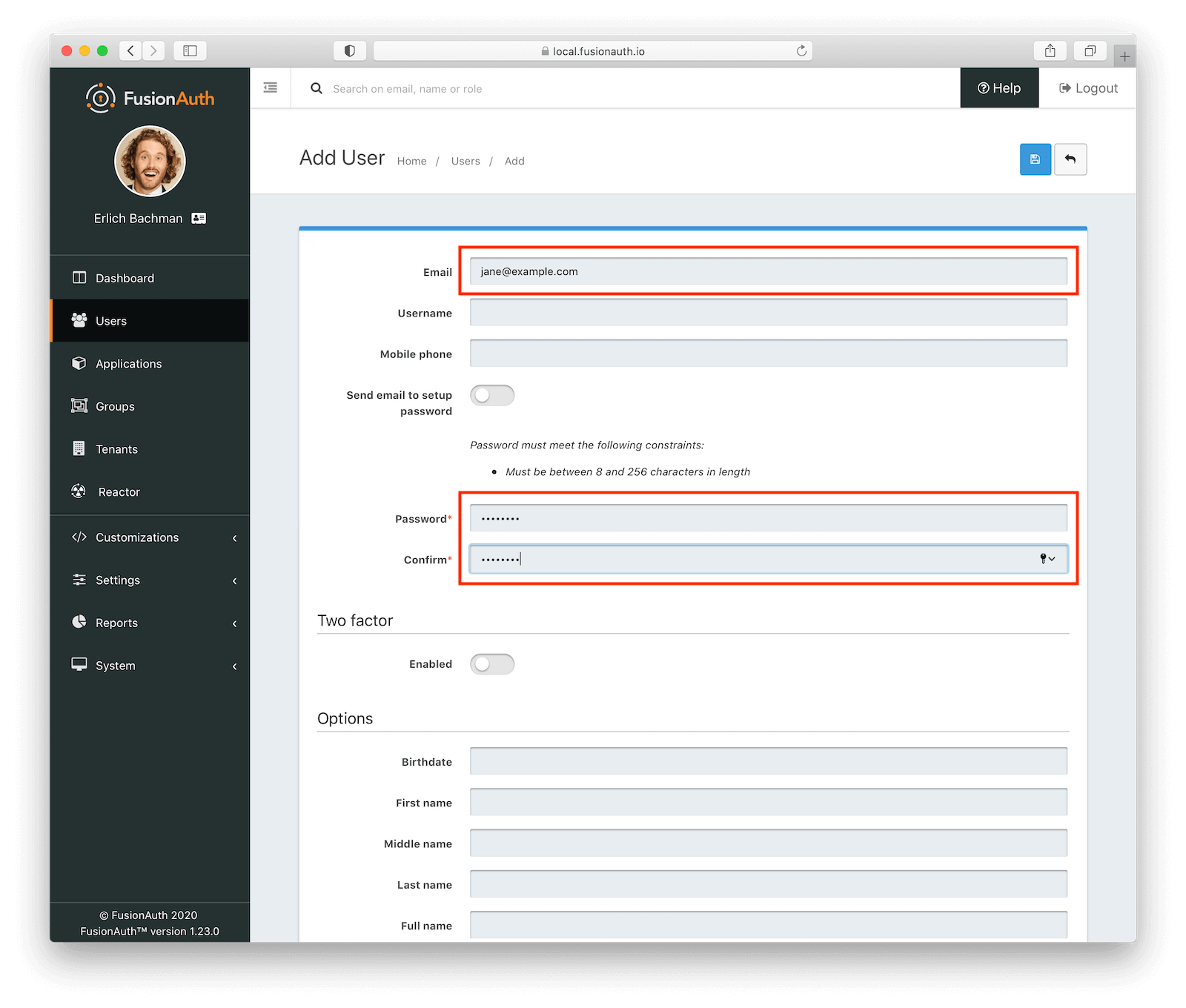 Creating a new User in FusionAuth..