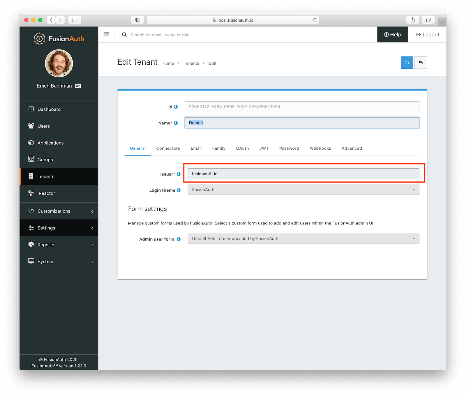 The Edit Tenant page where the issuer field is set..