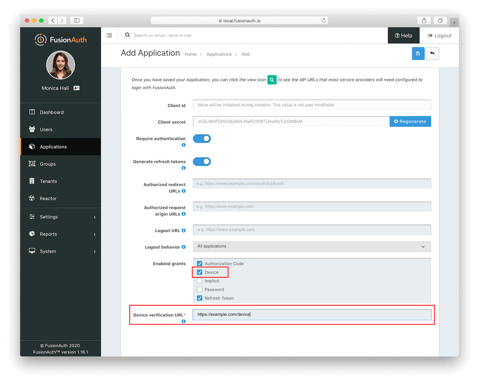 FusionAuth Create Application Example.