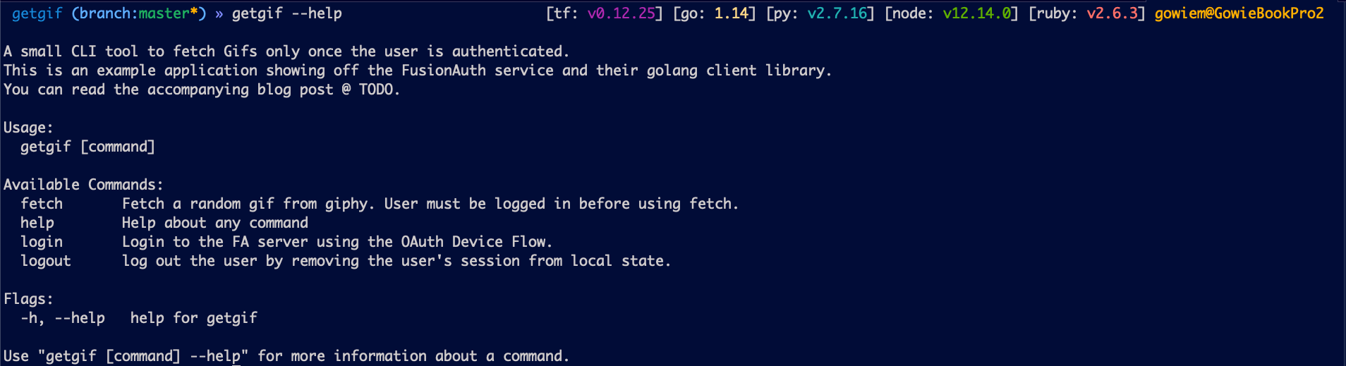 The getgif help screen.