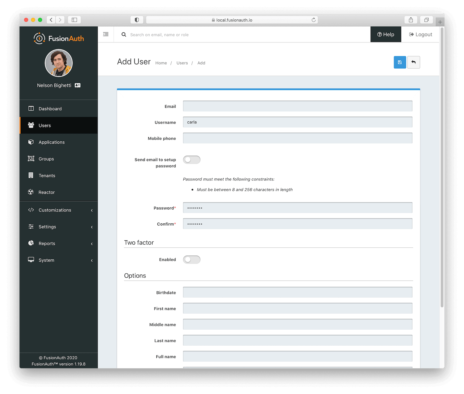Adding a test user.