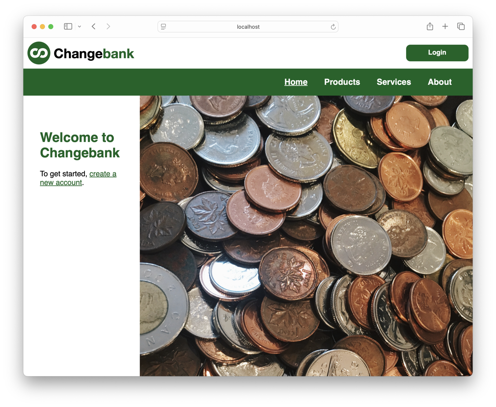 A screenshot of the initial Changebank screen.
