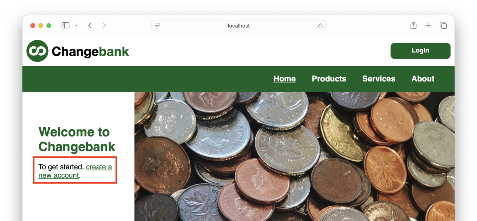 A screenshot of the initial Changebank screen with the registration link highlighted.