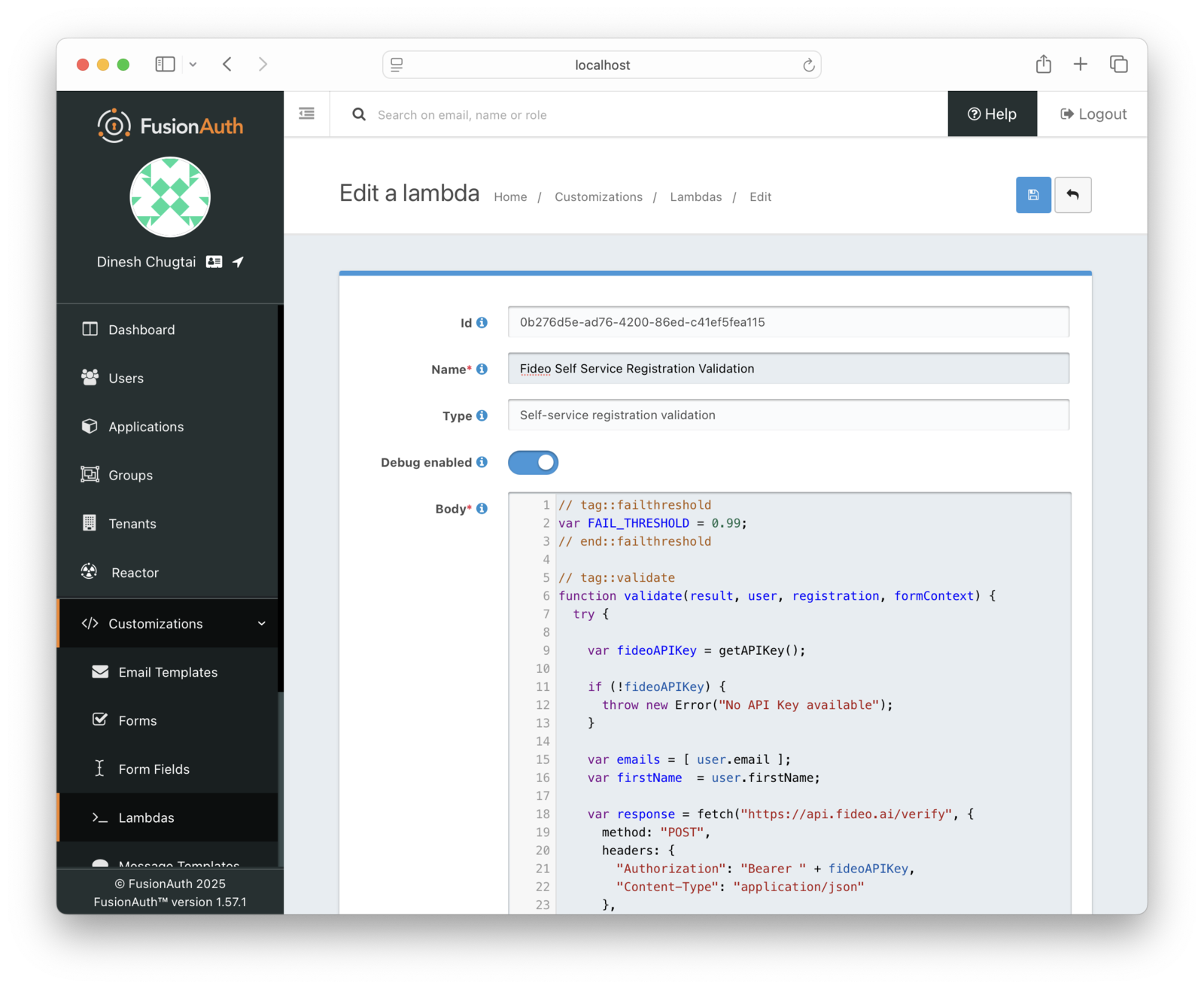 A screenshot of the admin lambda screen.