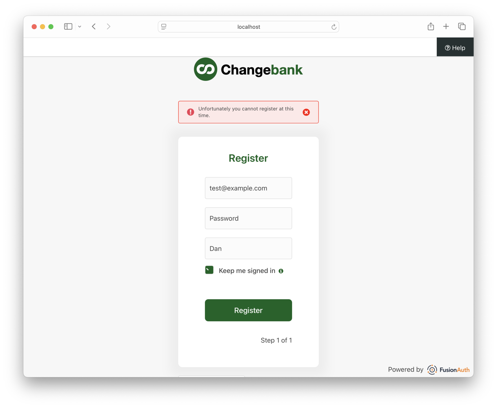 A screenshot of the registration screen when registration fails.