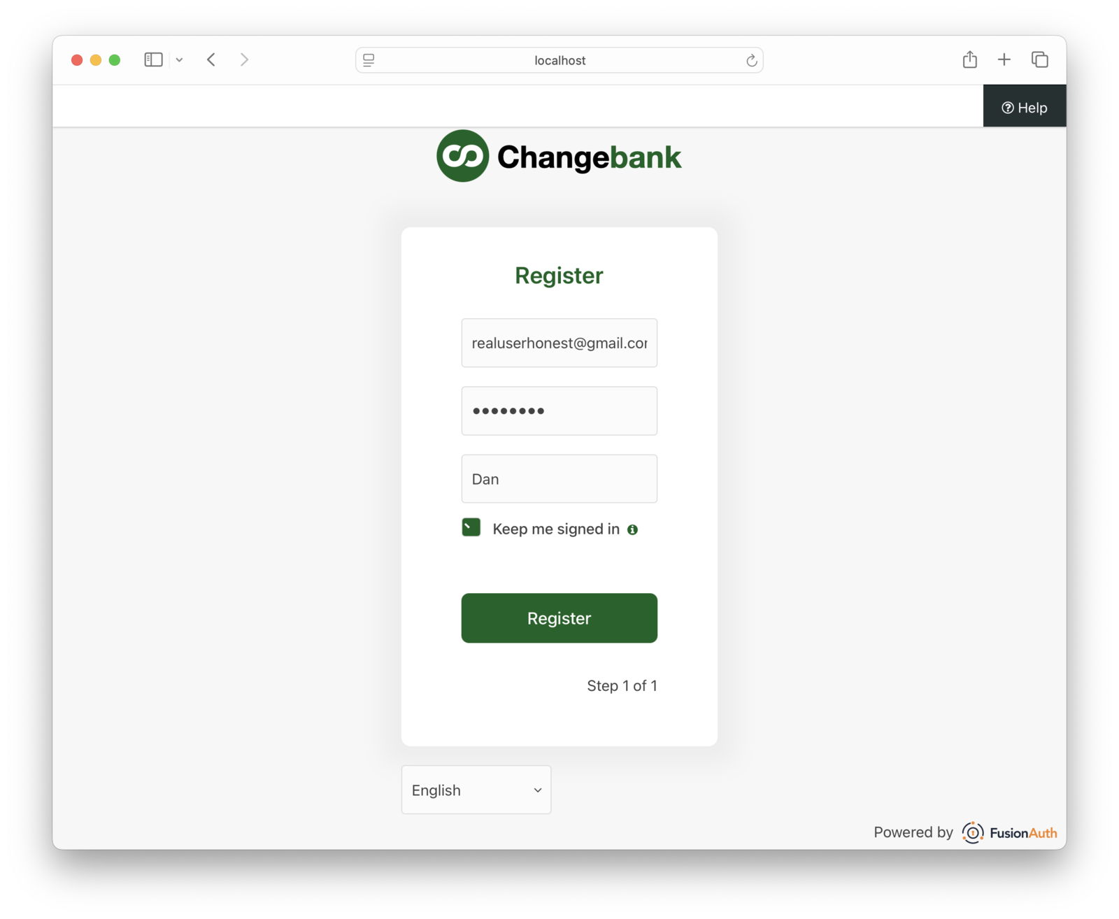 A screenshot of the registration screen with an email address that will succeed.