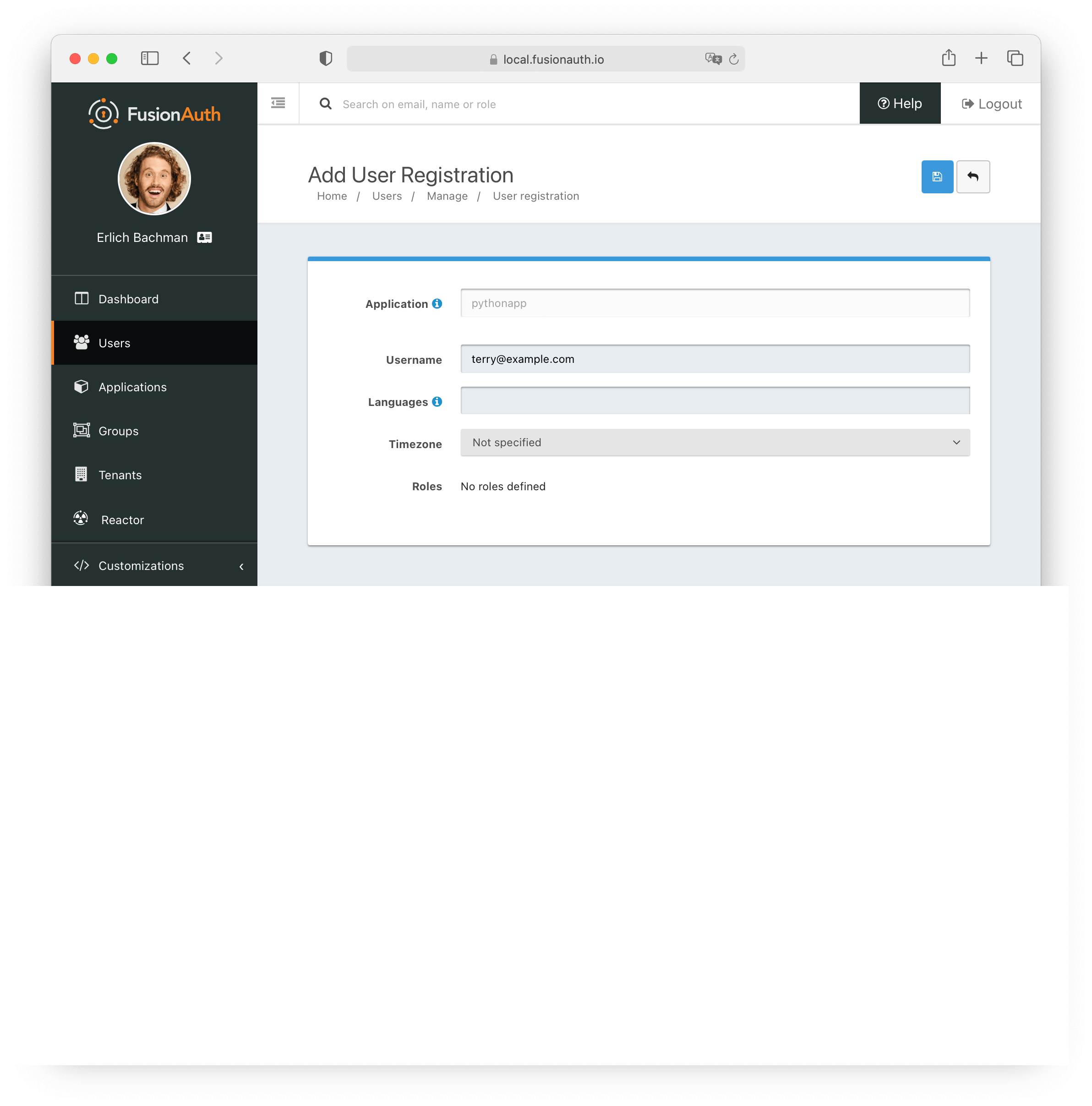 View Add User Registration Screen.