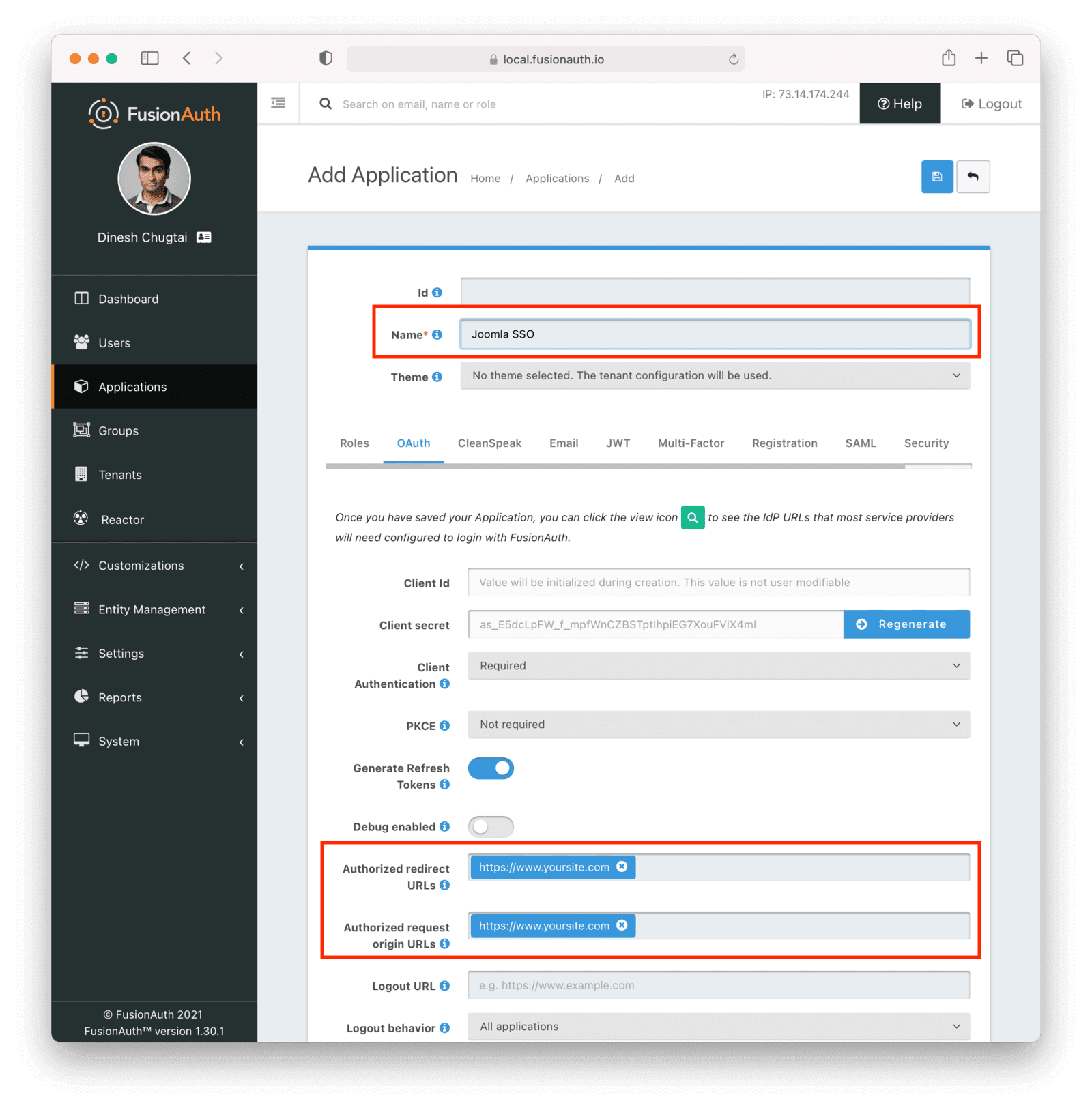 Setting up the FusionAuth Joomla SSO Application configuration..