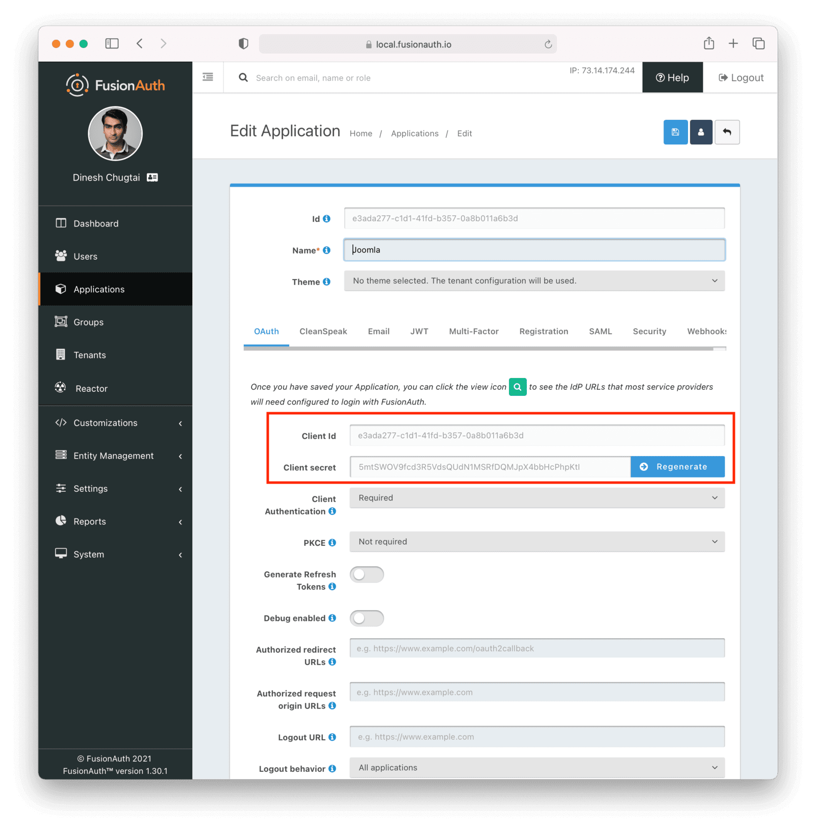 Getting the FusionAuth Joomla SSO Application client Id and secret..