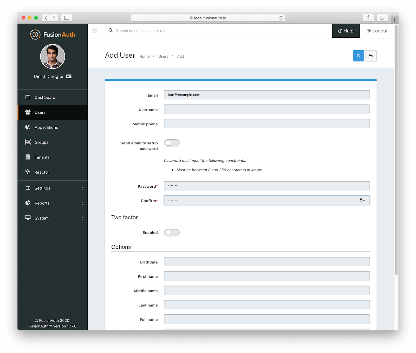 Creating a new user in FusionAuth.