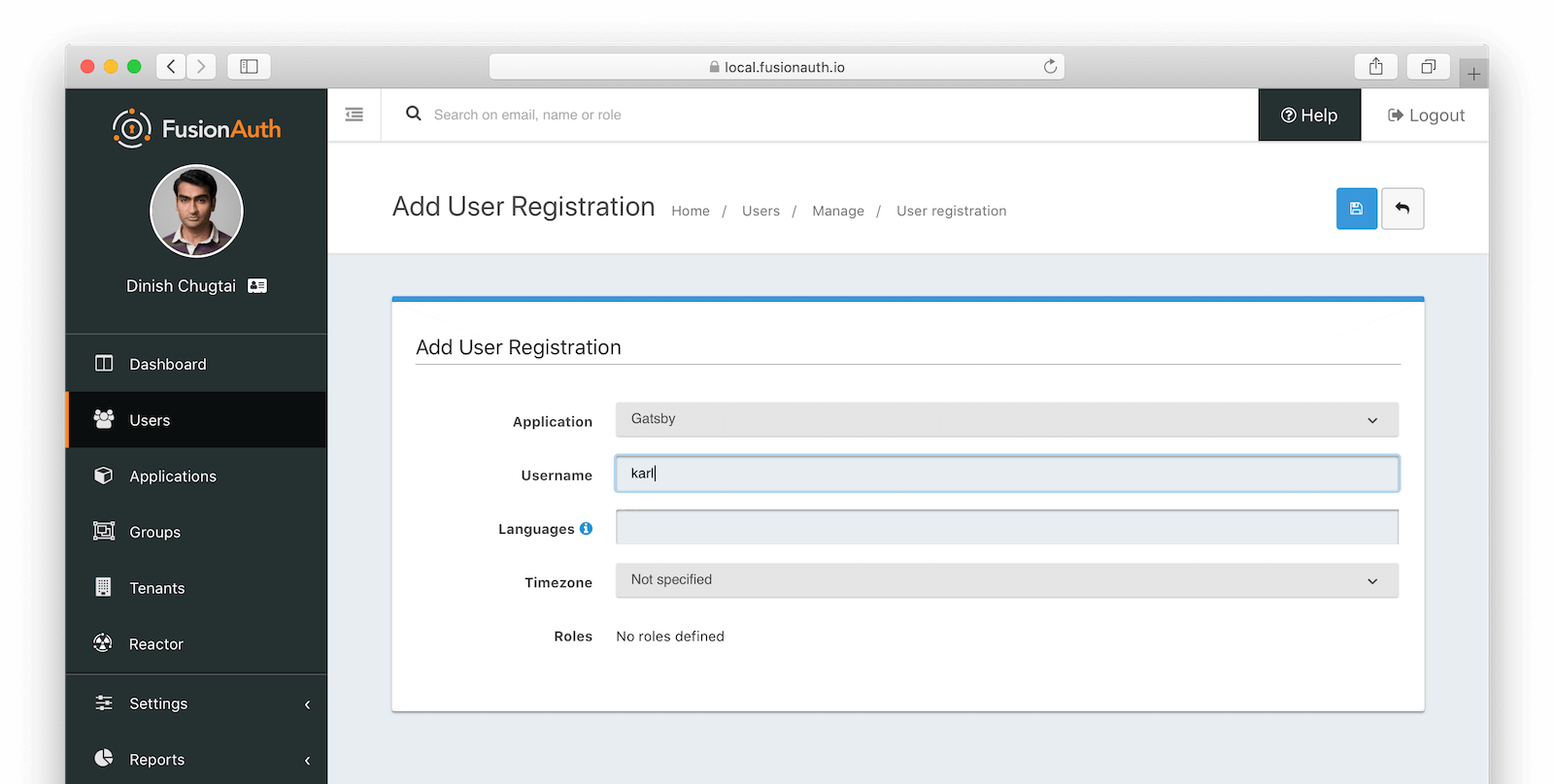 Registering a user in FusionAuth.