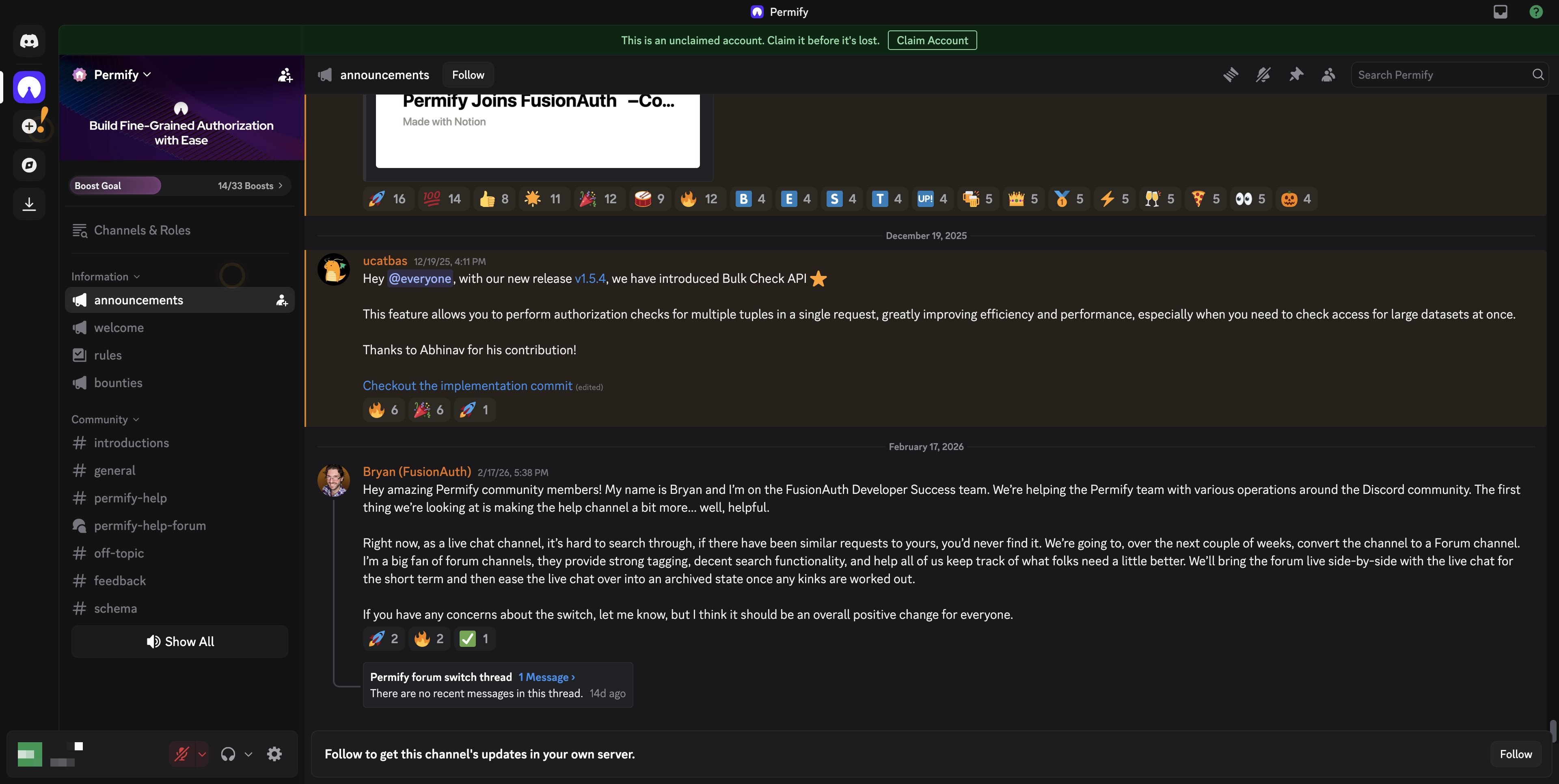Discord channel list and announcements