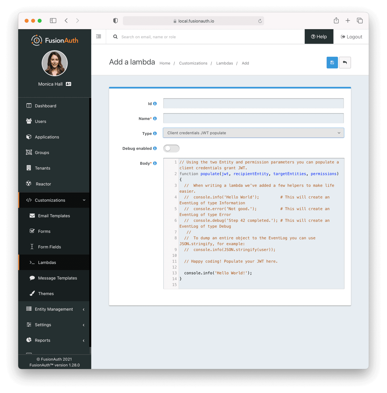The client credentials lambda creation screen..