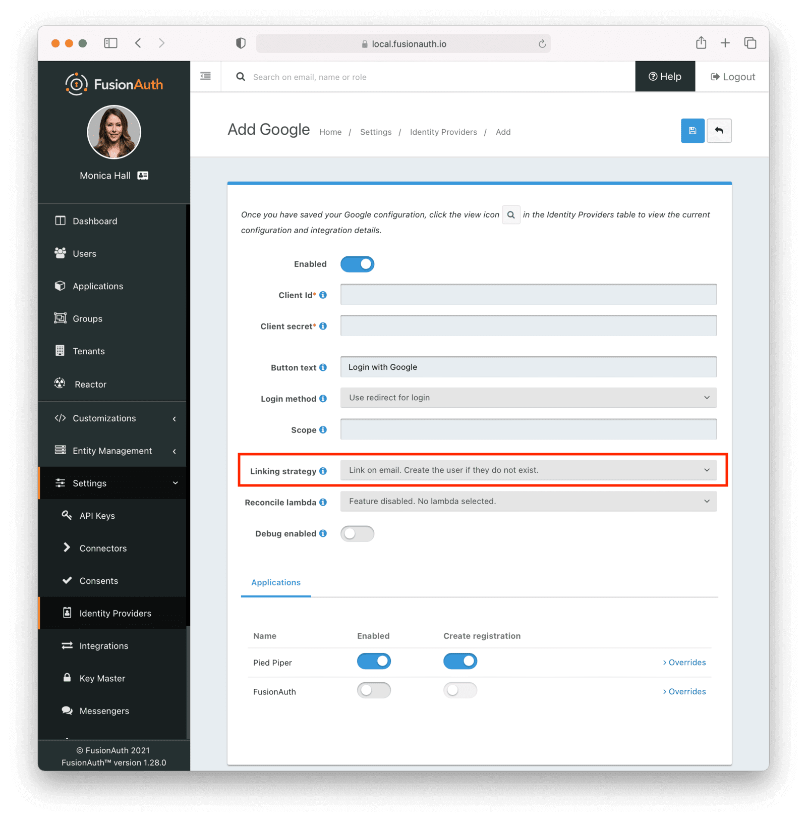 Configuring identity linking on the Google identity provider..