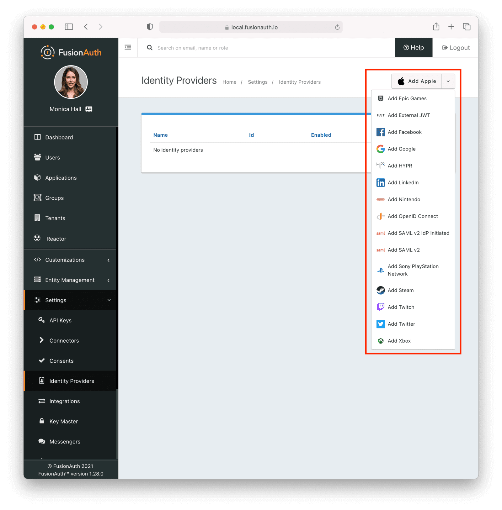 List of available identity providers.