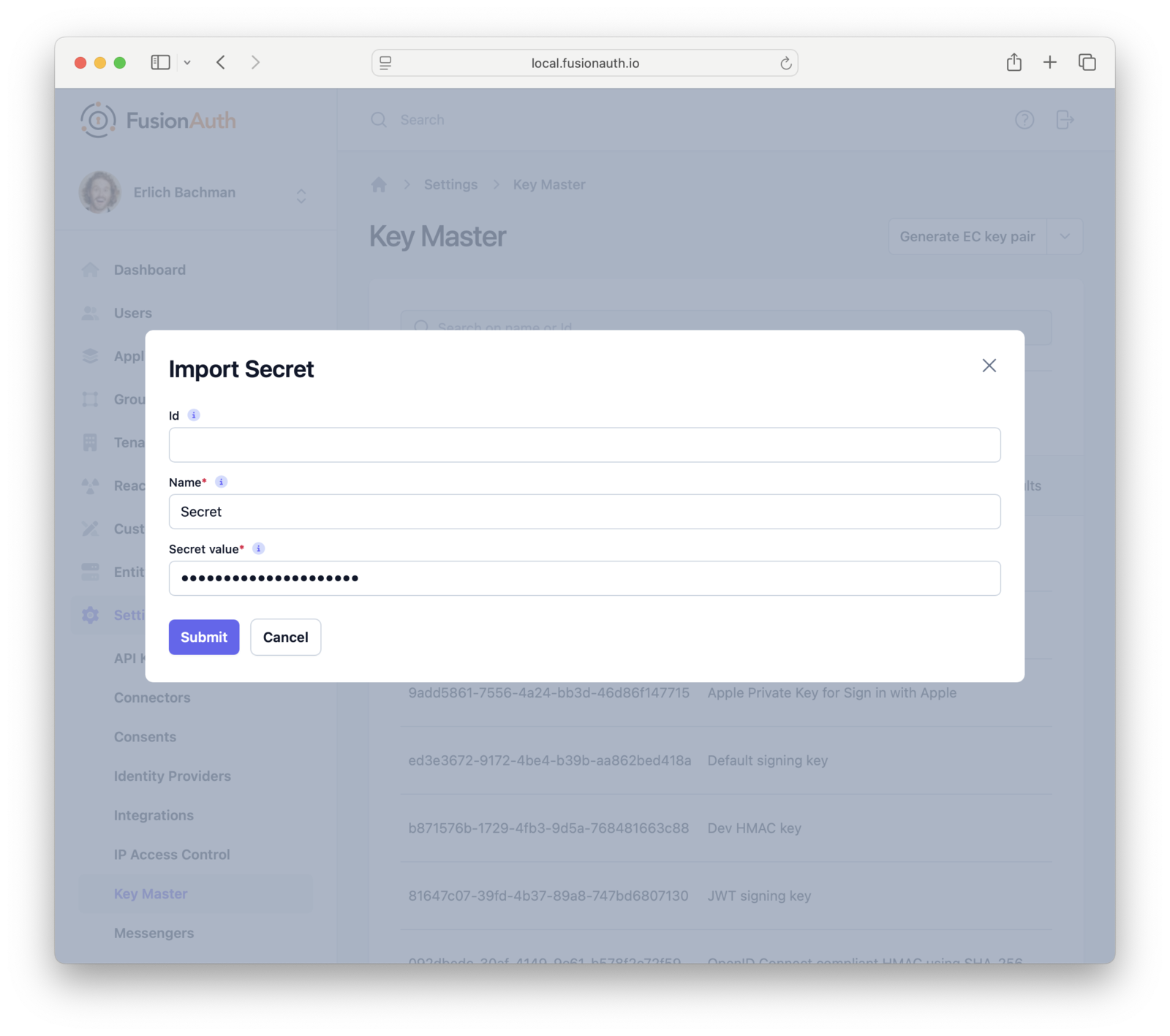 entering a secret name and secret value in the Admin UI entering a secret name and secret value in the Admin UI
