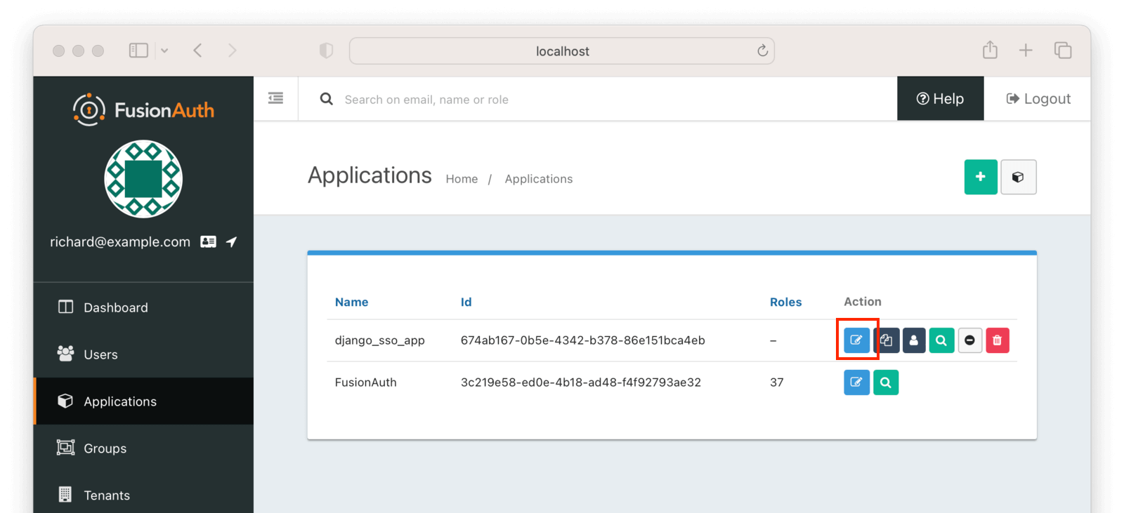 The list of applications. The edit icon is the blue pencil/notepad.