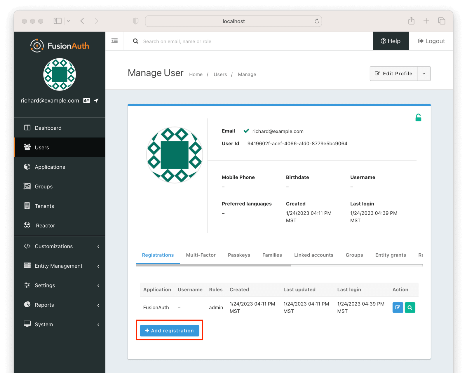 The user details screen, where you can register them.