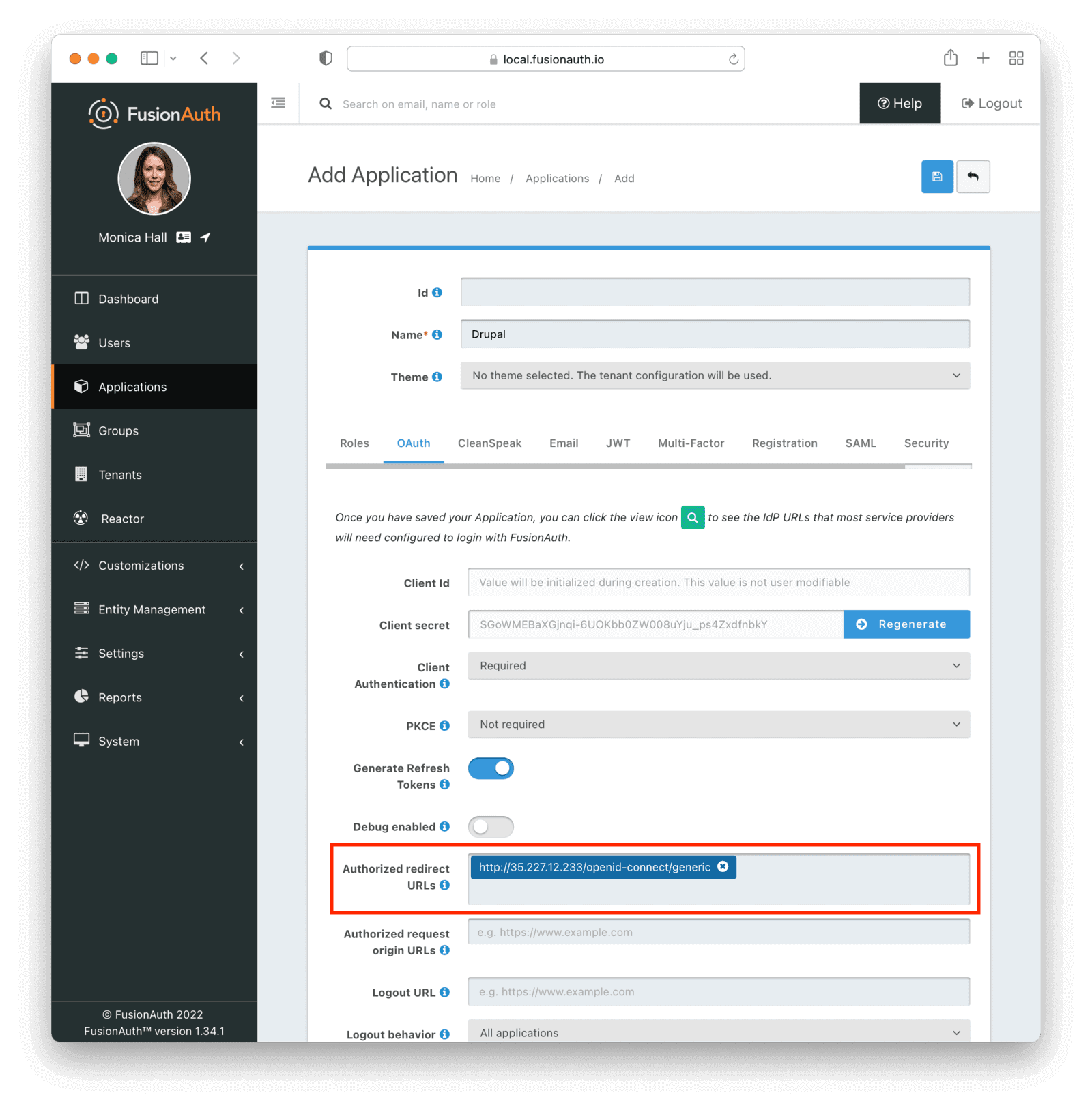 Configuring the OAuth tab of the Drupal application.