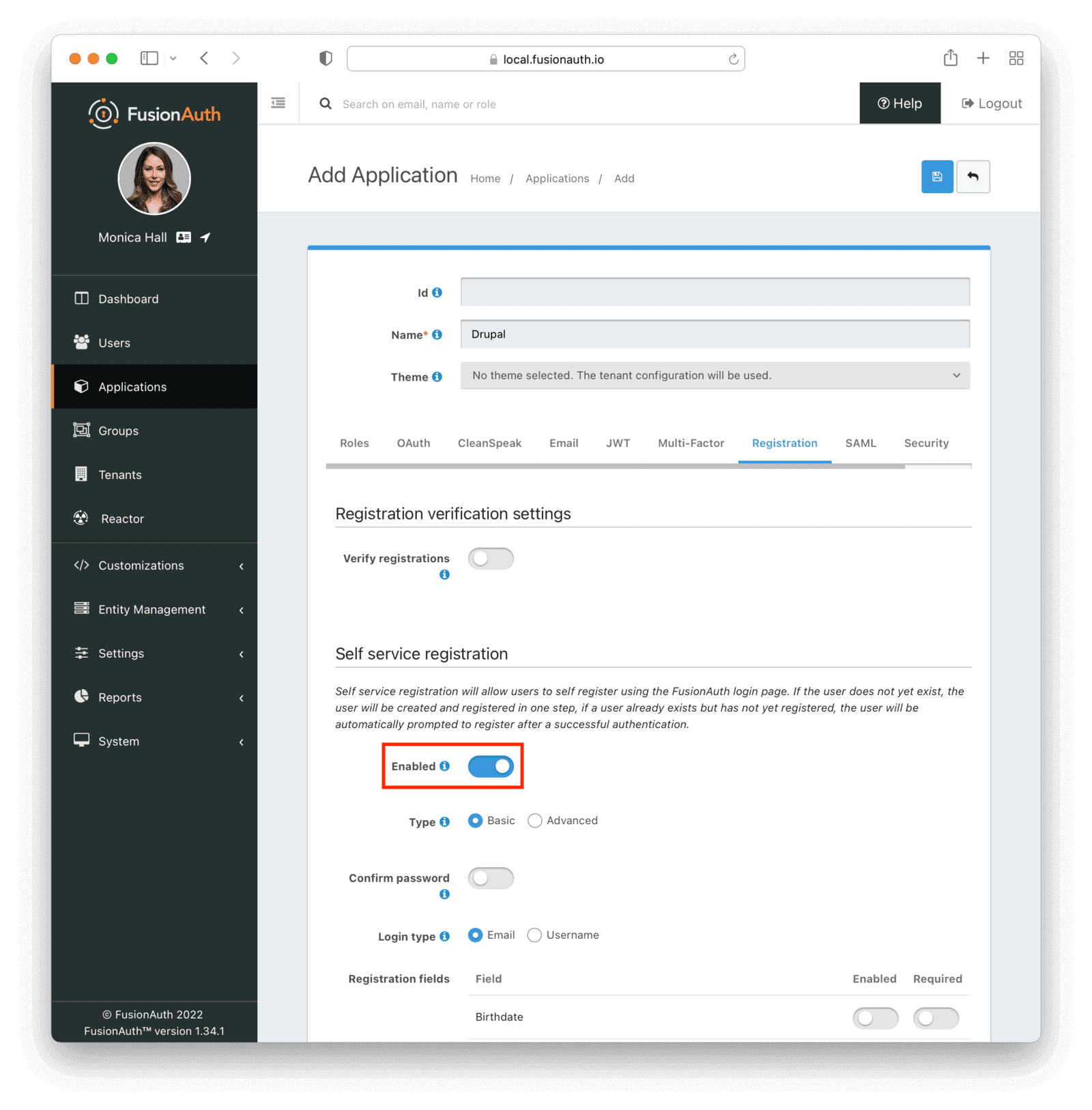 Configuring the Registration tab of the Drupal application.
