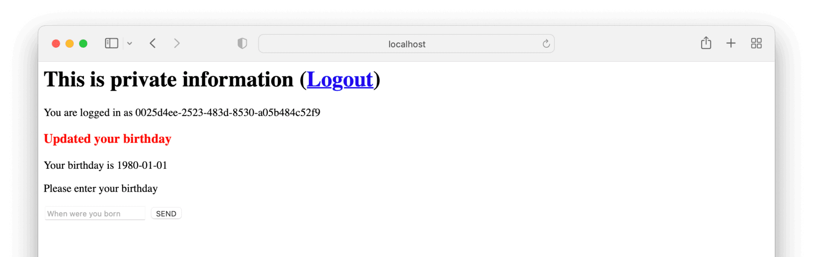 The private dashboard with the user's birthday.