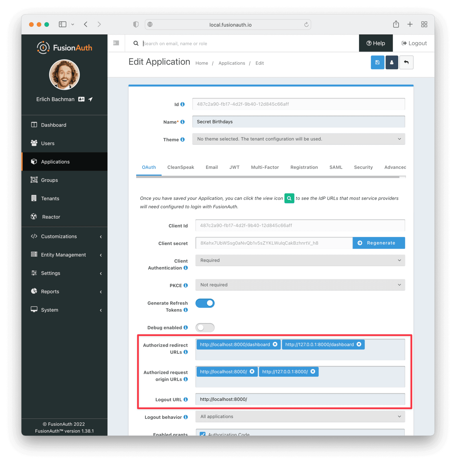 Configuring the application URLs in FusionAuth.