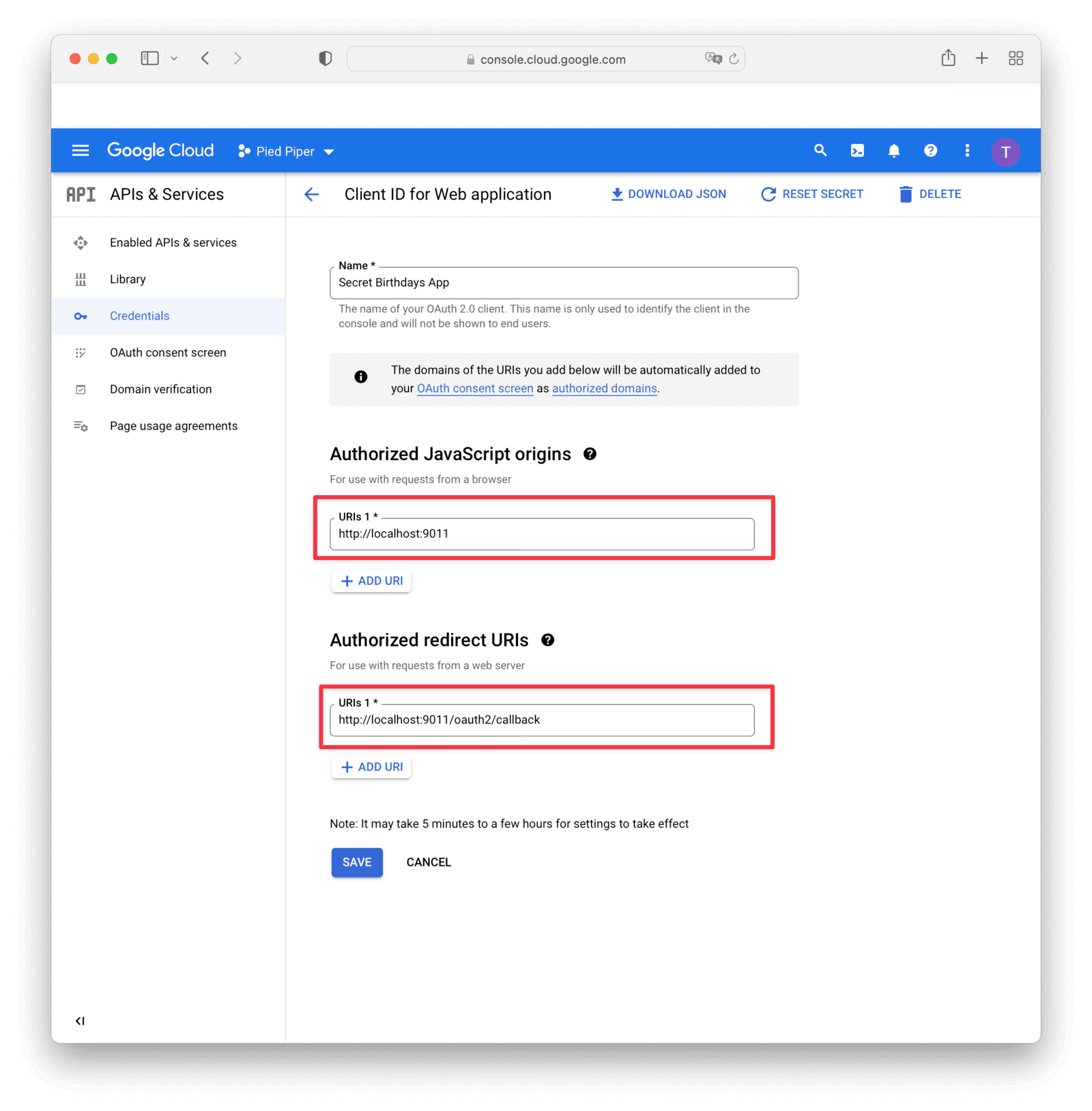 Adding authorized URLs to Google.