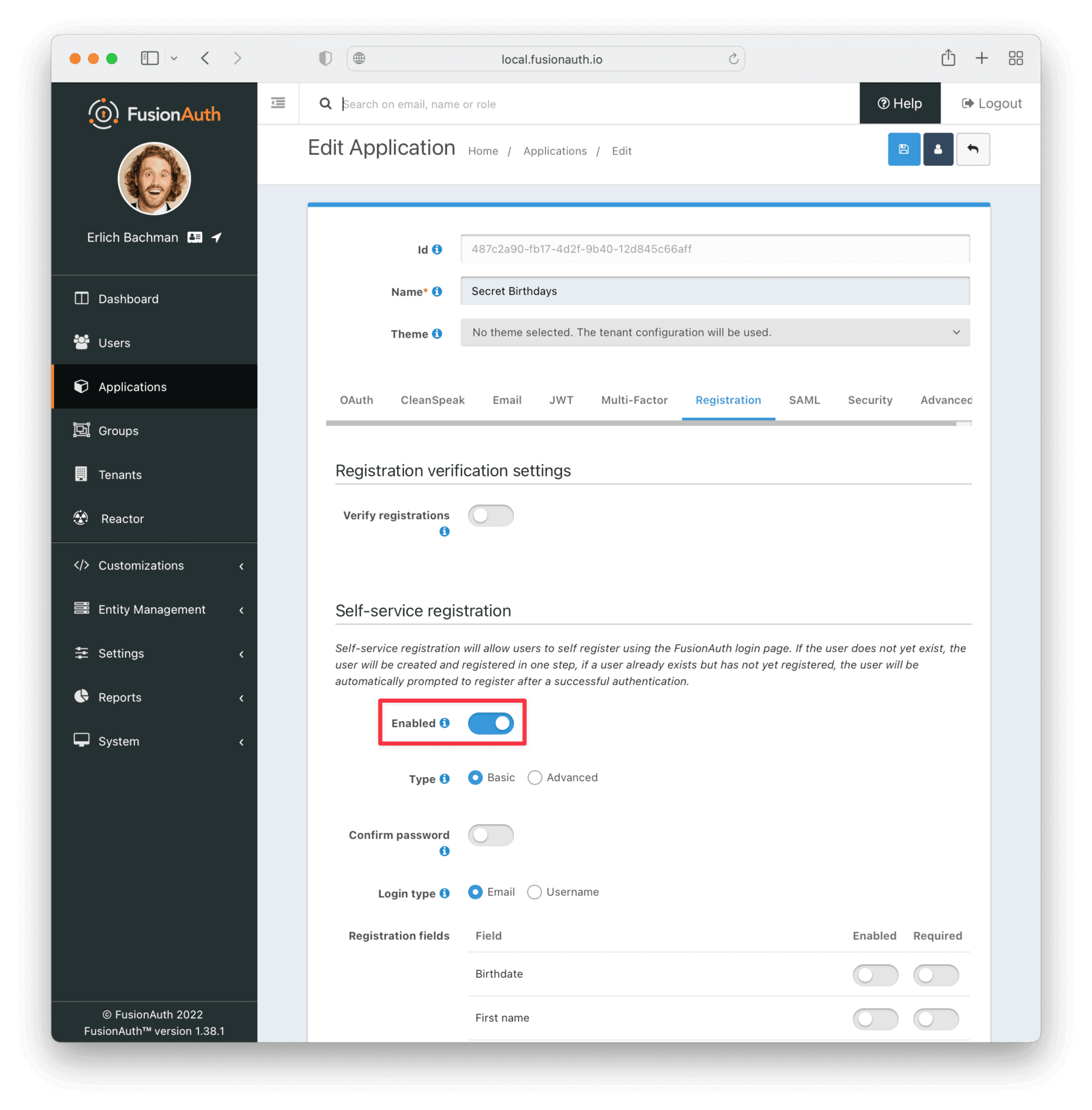 Turning on self-service registration in FusionAuth.