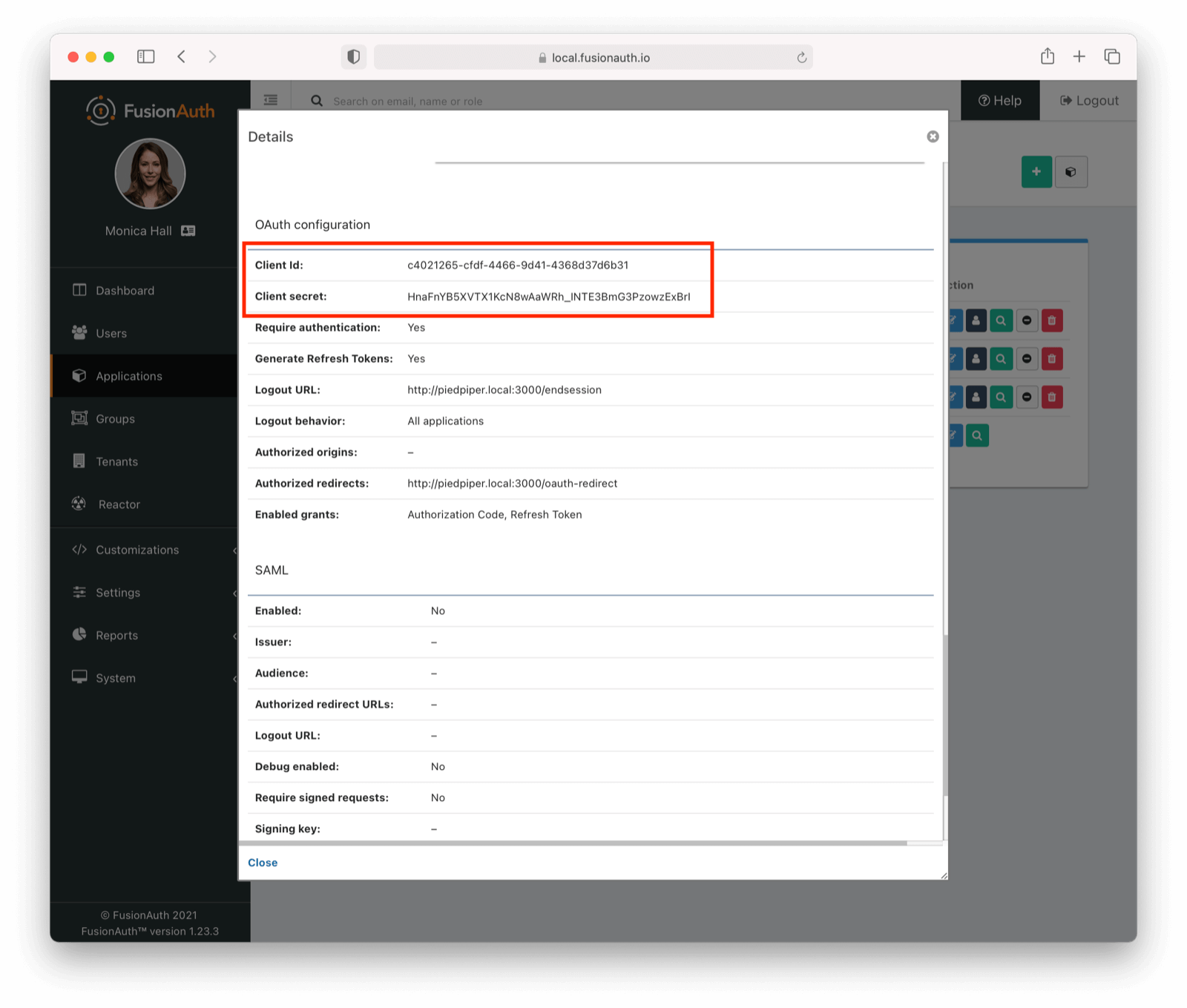 Looking up the Client Id and Client Secret values..
