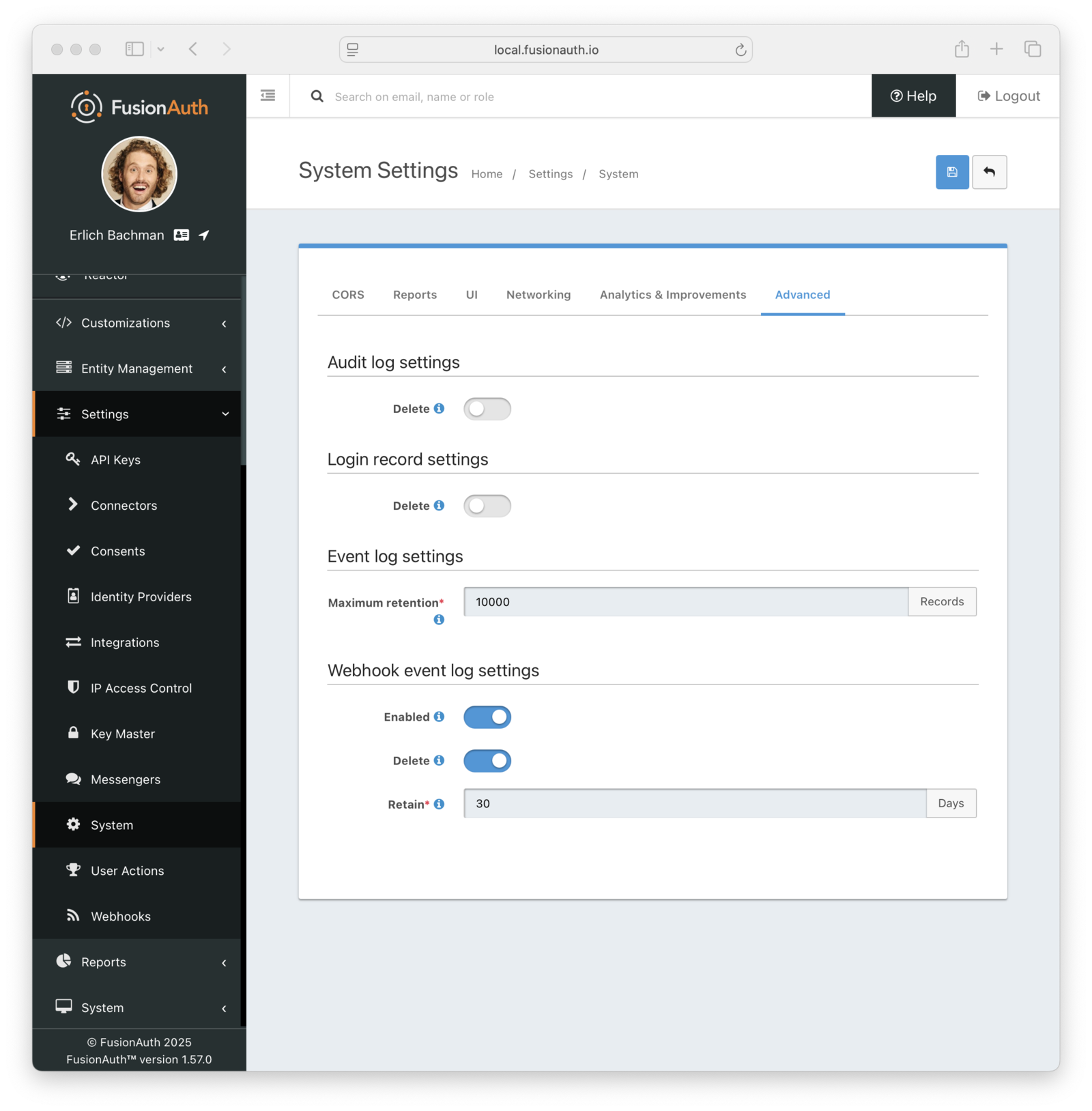 Webhook Event Log Settings