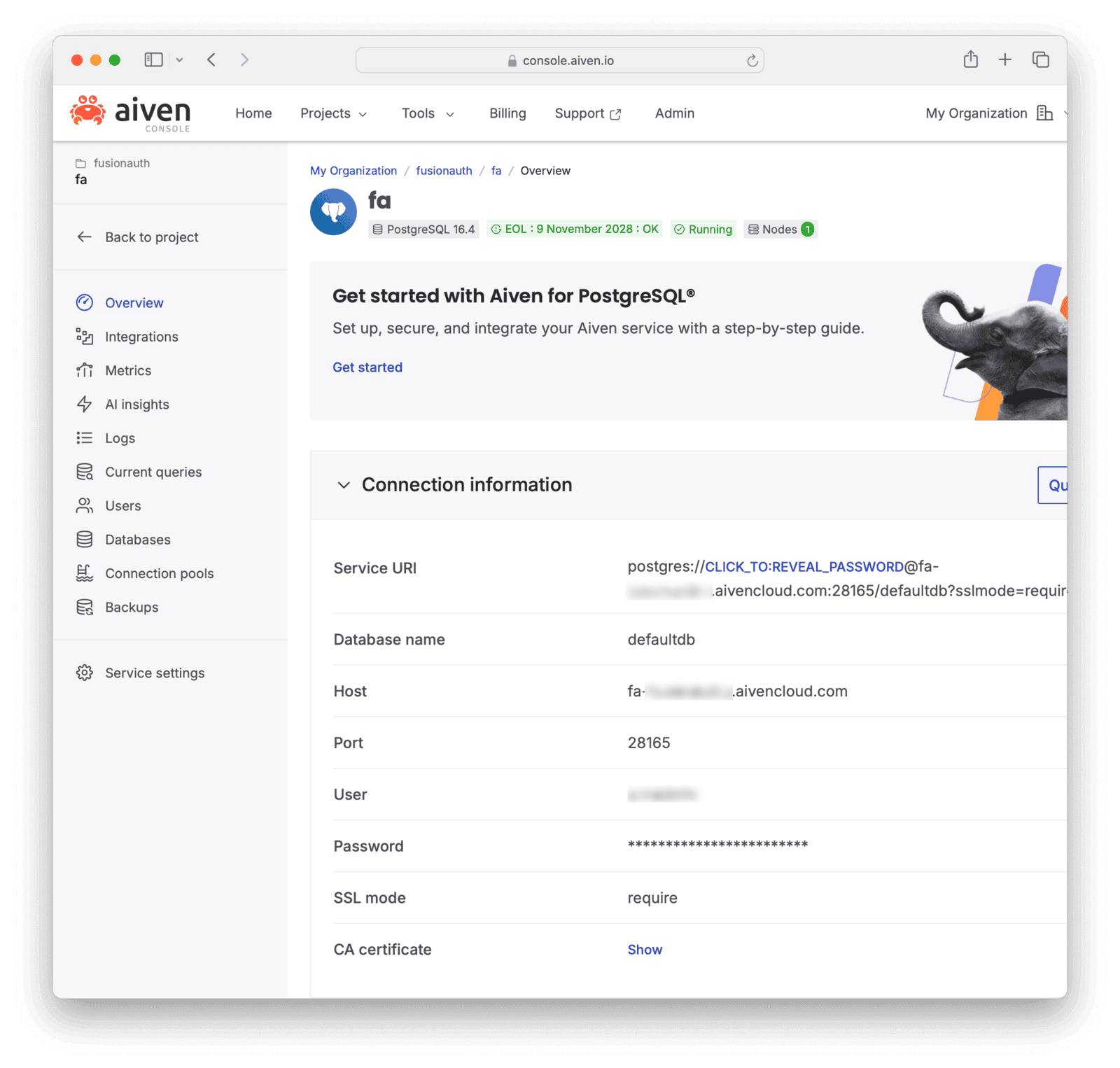 Aiven database connection details